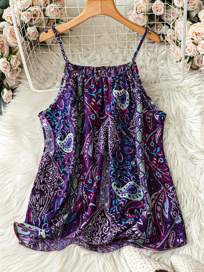 LUNE Plus Size Women's Tropical Plant Printed Loose Casual Cami Top,Purple Summer Boho Vacation Holiday Cute Top,Business Office Travel