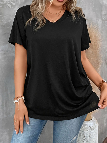 LUNE Plus Size Women's V Neck Short Sleeve Pleated T-Shirt Solid Button Detail Tee Button Detail Ruched Tee Tops