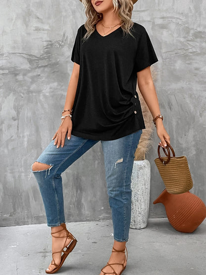 LUNE Plus Size Women's V Neck Short Sleeve Pleated T-Shirt Solid Button Detail Tee Button Detail Ruched Tee Tops