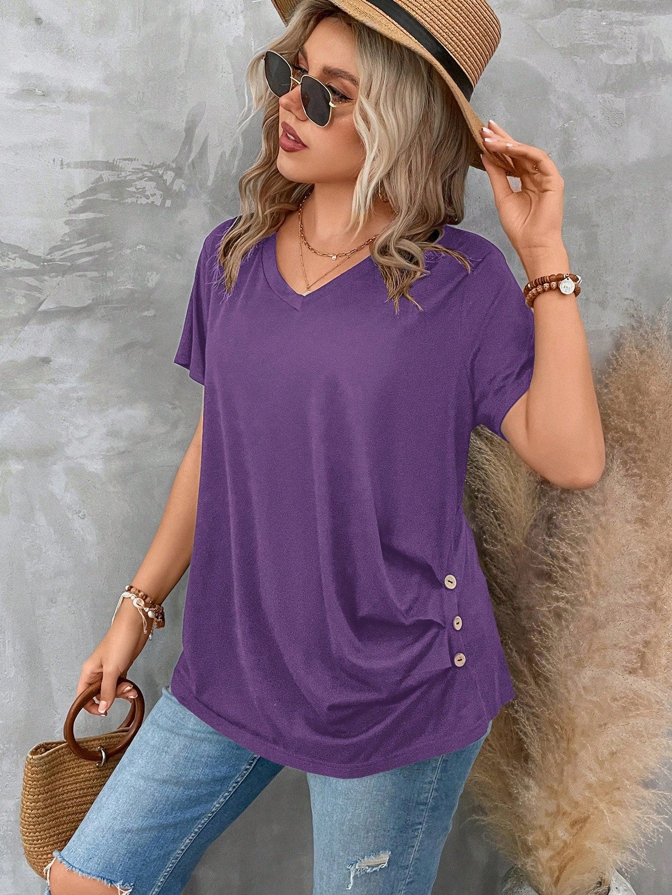 LUNE Plus Size Women's V Neck Short Sleeve Pleated T-Shirt Solid Button Detail Tee Button Detail Ruched Tee Tops