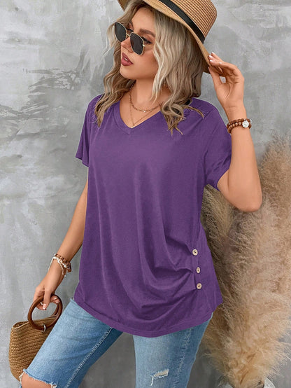 LUNE Plus Size Women's V Neck Short Sleeve Pleated T-Shirt Solid Button Detail Tee Button Detail Ruched Tee Tops