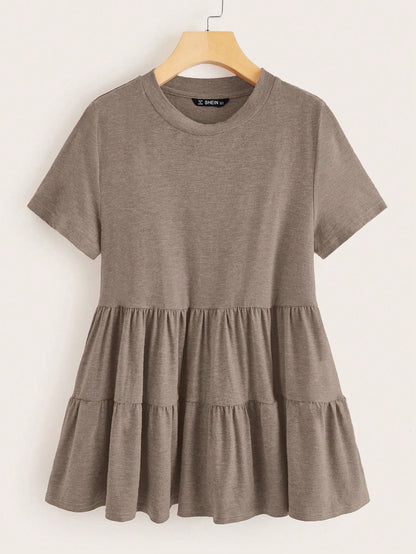 LUNE Plus Size Women Solid Color Round Neck Short Sleeve Ruffle Hem Casual T-Shirt