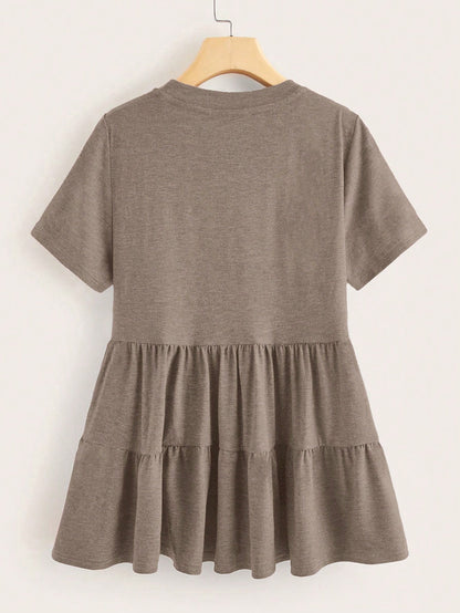 LUNE Plus Size Women Solid Color Round Neck Short Sleeve Ruffle Hem Casual T-Shirt