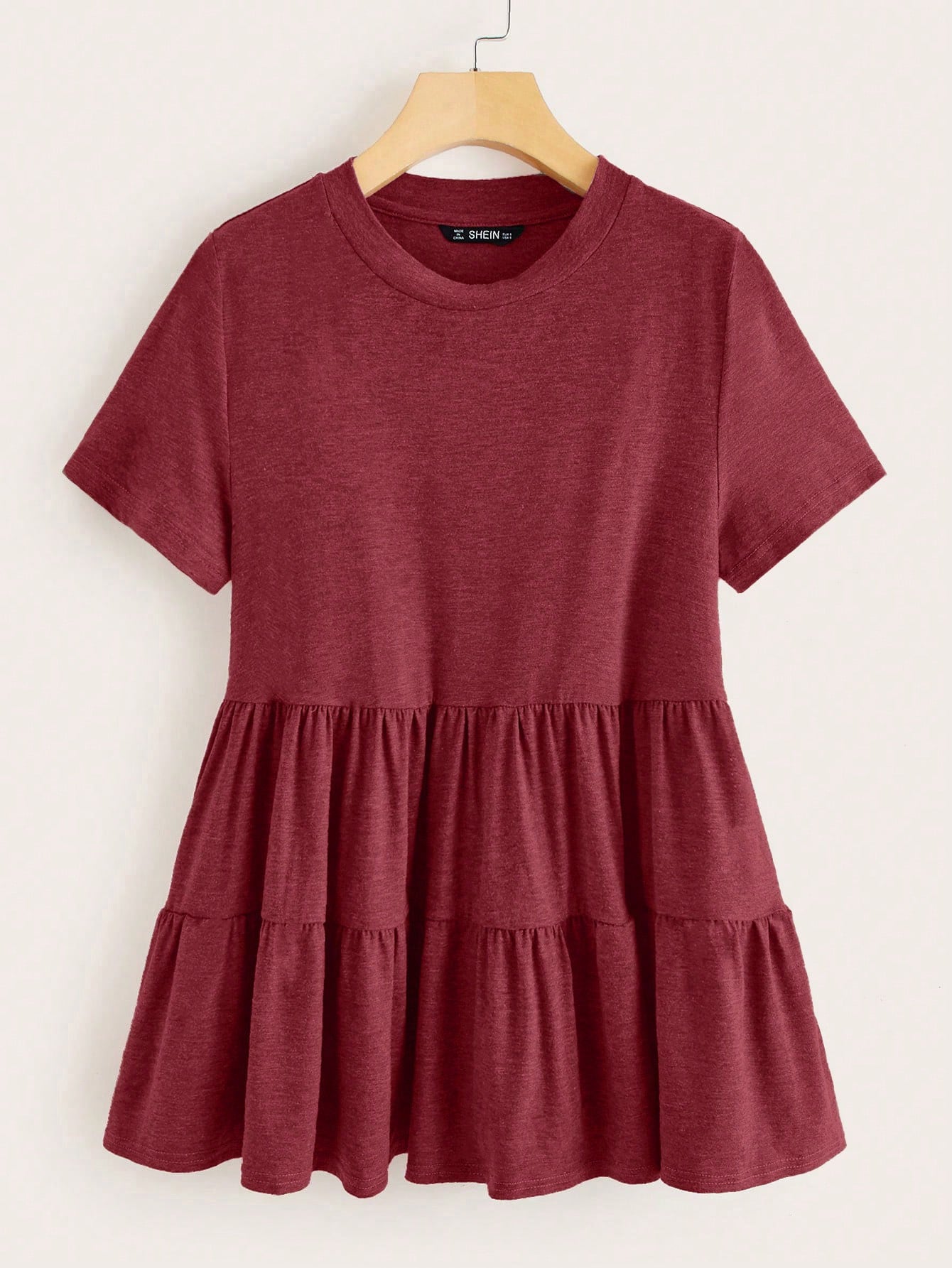 LUNE Plus Size Women Solid Color Round Neck Short Sleeve Ruffle Hem Casual T-Shirt