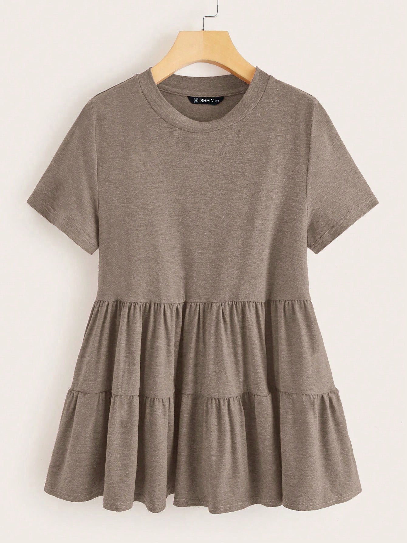 LUNE Plus Size Women Solid Color Round Neck Short Sleeve Ruffle Hem Casual T-Shirt