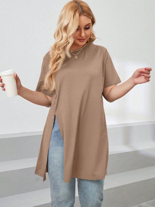 LUNE Plus Size Women Summer Solid Color Round Neck Short Sleeve Casual T-Shirt With Side Slit Hem