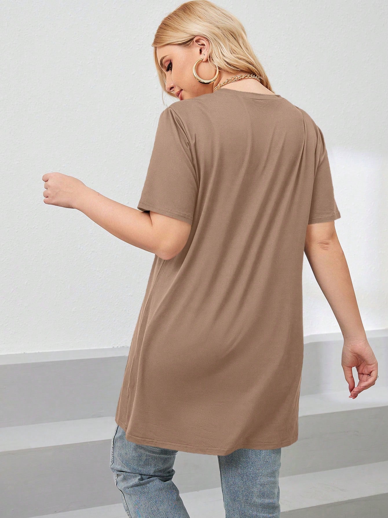 LUNE Plus Size Women Summer Solid Color Round Neck Short Sleeve Casual T-Shirt With Side Slit Hem