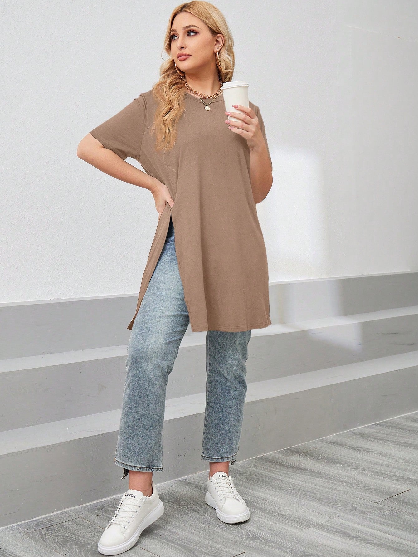 LUNE Plus Size Women Summer Solid Color Round Neck Short Sleeve Casual T-Shirt With Side Slit Hem