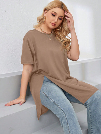 LUNE Plus Size Women Summer Solid Color Round Neck Short Sleeve Casual T-Shirt With Side Slit Hem