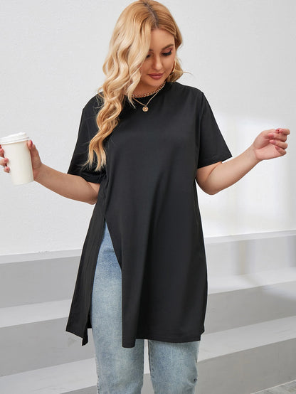 LUNE Plus Size Women Summer Solid Color Round Neck Short Sleeve Casual T-Shirt With Side Slit Hem