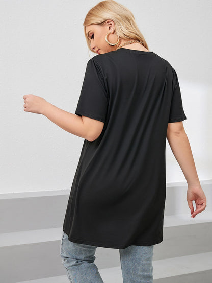 LUNE Plus Size Women Summer Solid Color Round Neck Short Sleeve Casual T-Shirt With Side Slit Hem
