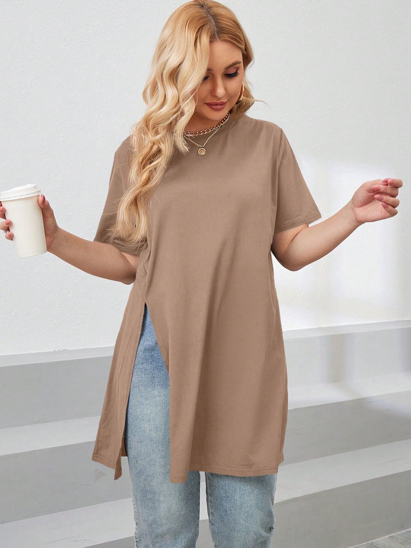 LUNE Plus Size Women Summer Solid Color Round Neck Short Sleeve Casual T-Shirt With Side Slit Hem