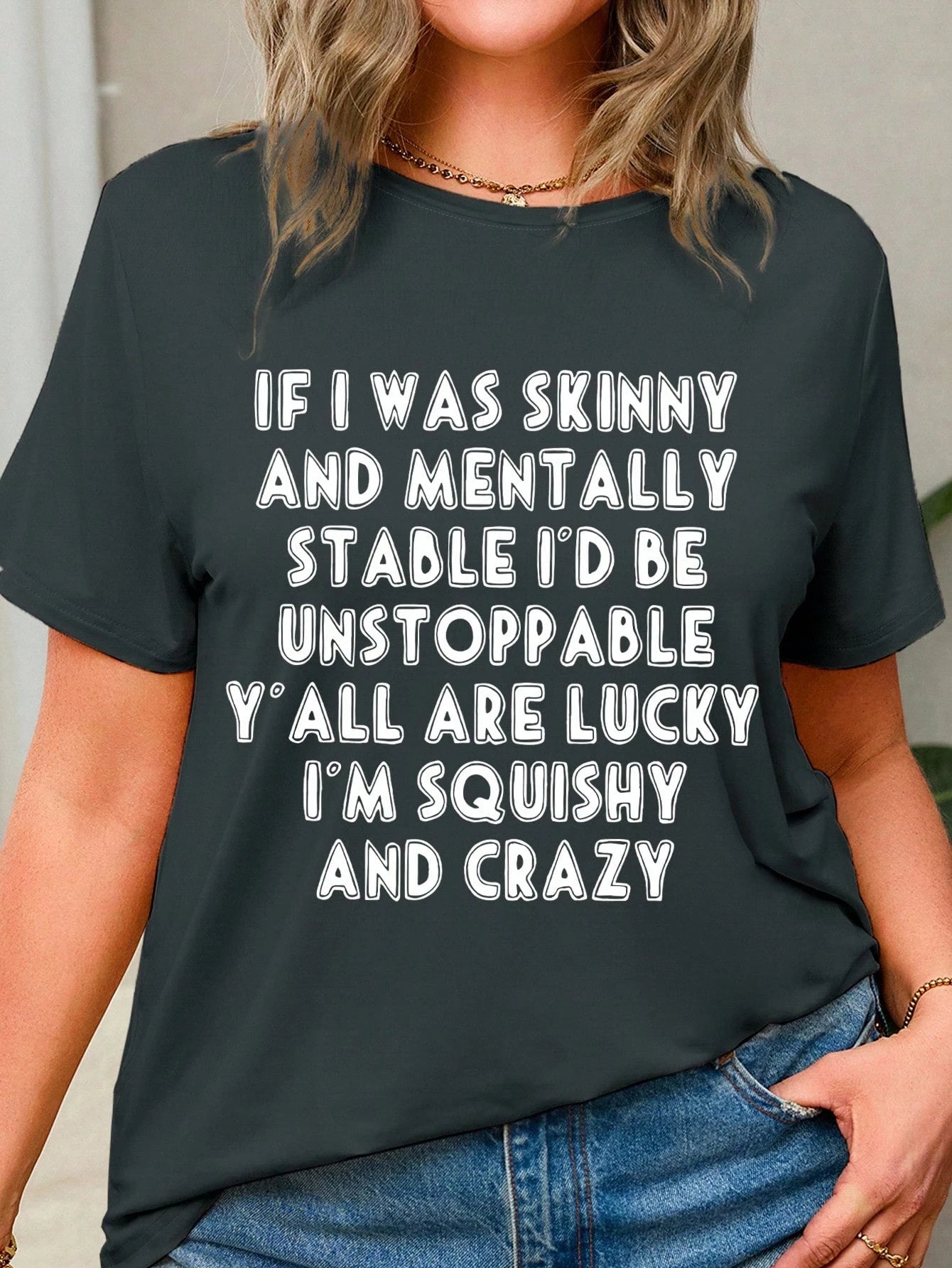 LUNE Plus Women's Slogan Graphic Summer Dark Grey Crew-Neck T-Shirt Graphic Tees Women Tops
