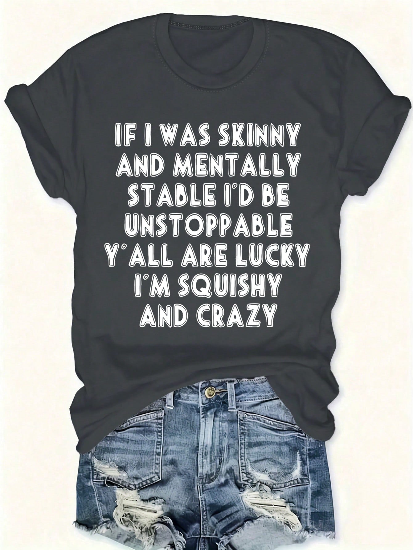 LUNE Plus Women's Slogan Graphic Summer Dark Grey Crew-Neck T-Shirt Graphic Tees Women Tops
