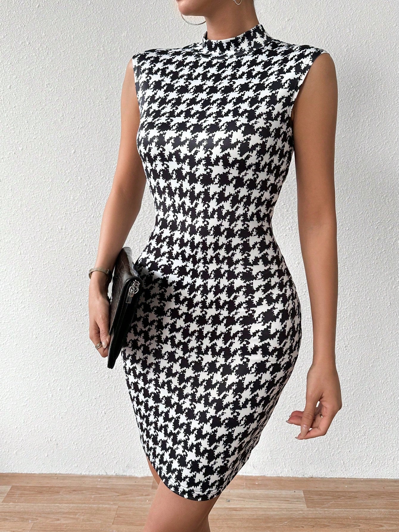 LUNE Random Houndstooth Pattern Stand Collar Dress