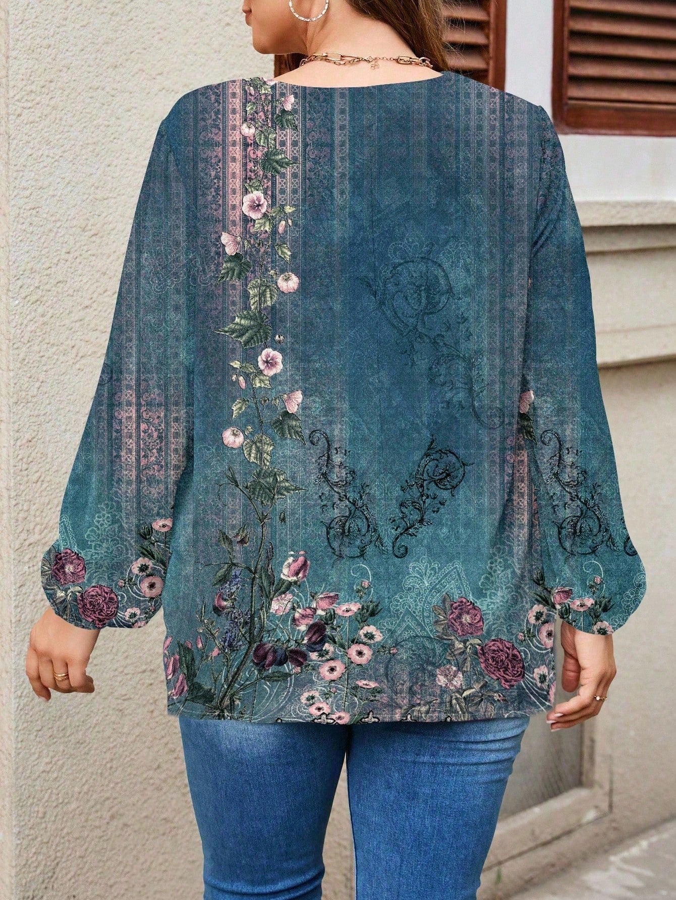 LUNE Retro Pattern Plus Size Women's V-Neck Lantern Sleeve Long Loose Blouse, Suitable For Autumn/Winter Chic Blouses For Women Fall