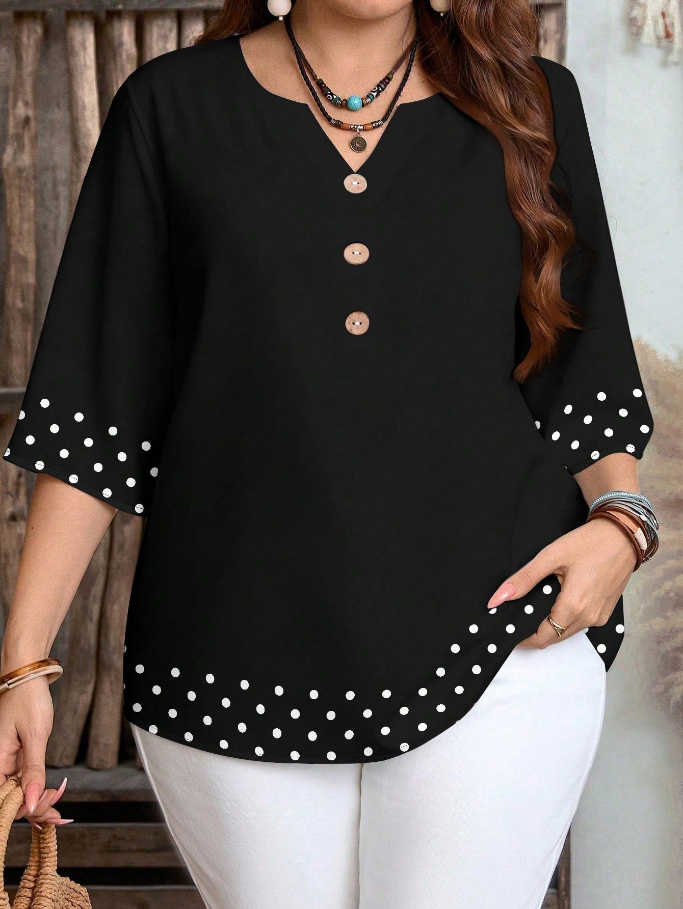 LUNE Retro Polka Dot Patchwork Print Casual Loose Shirt, Suitable For Summer