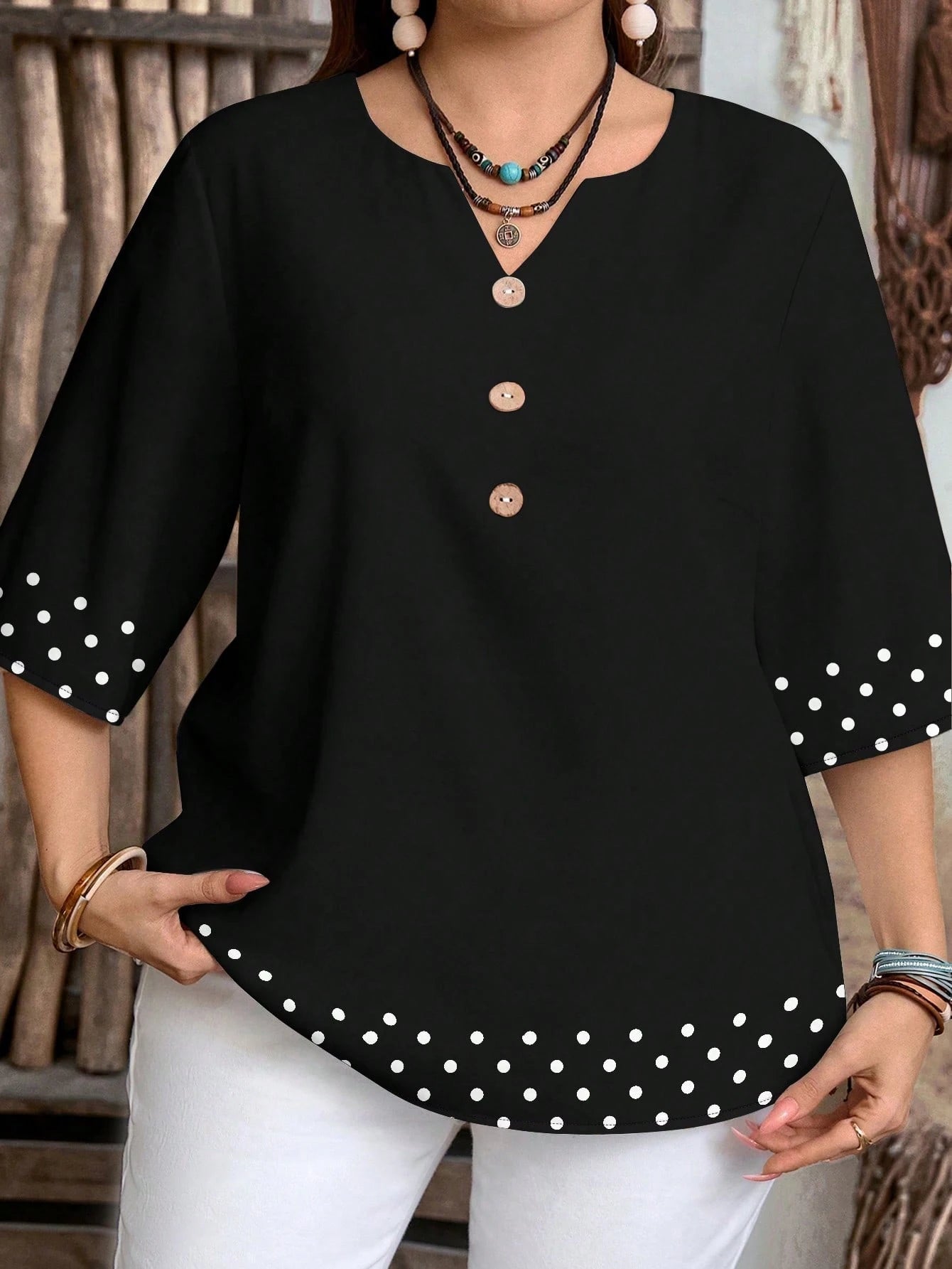 LUNE Retro Polka Dot Patchwork Print Casual Loose Shirt, Suitable For Summer