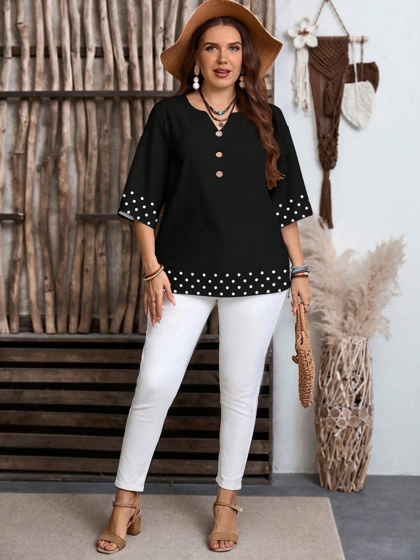 LUNE Retro Polka Dot Patchwork Print Casual Loose Shirt, Suitable For Summer