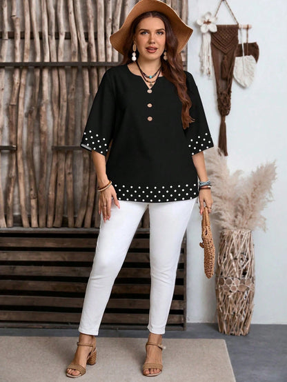 LUNE Retro Polka Dot Patchwork Print Casual Loose Shirt, Suitable For Summer