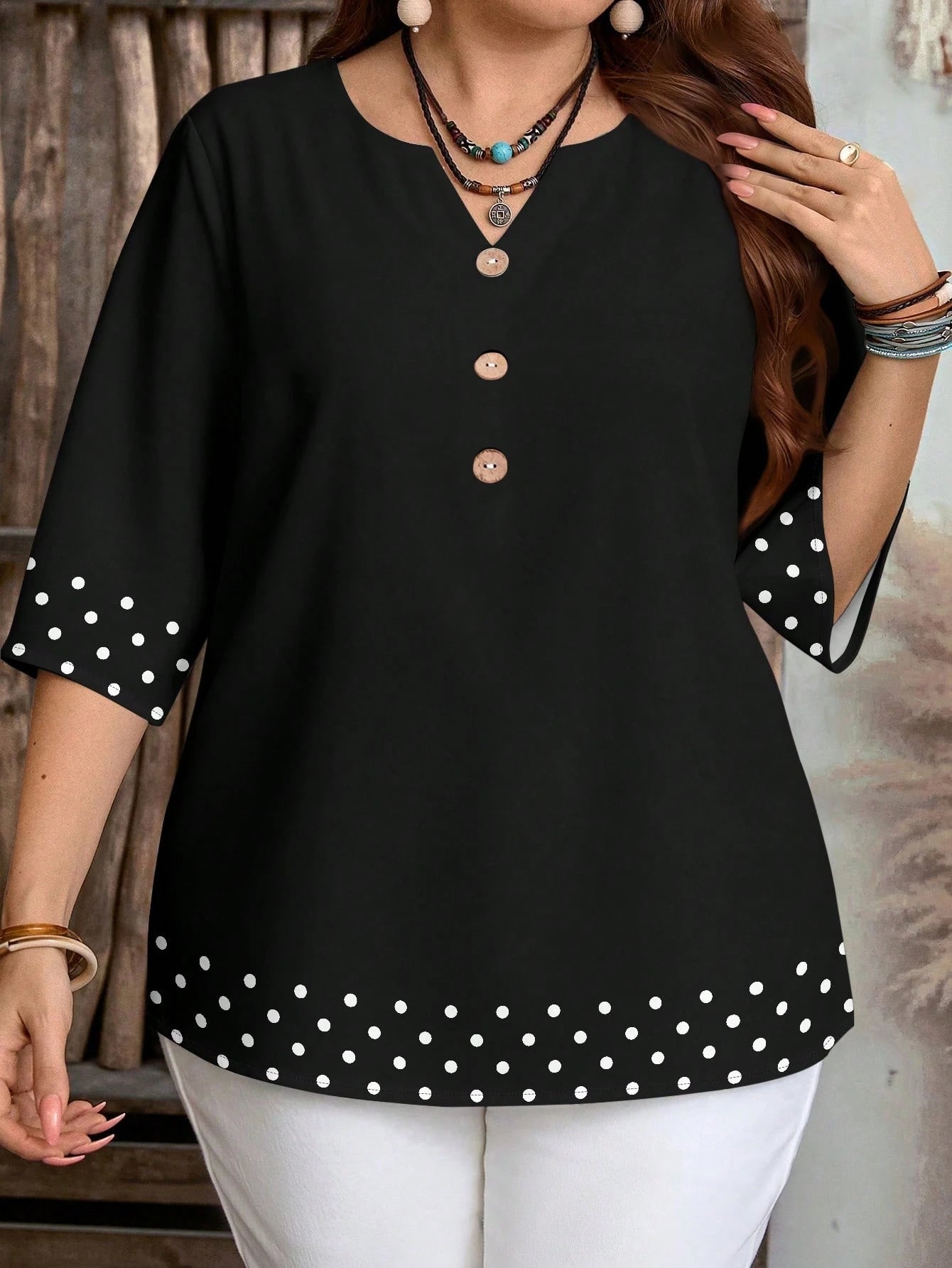 LUNE Retro Polka Dot Patchwork Print Casual Loose Shirt, Suitable For Summer