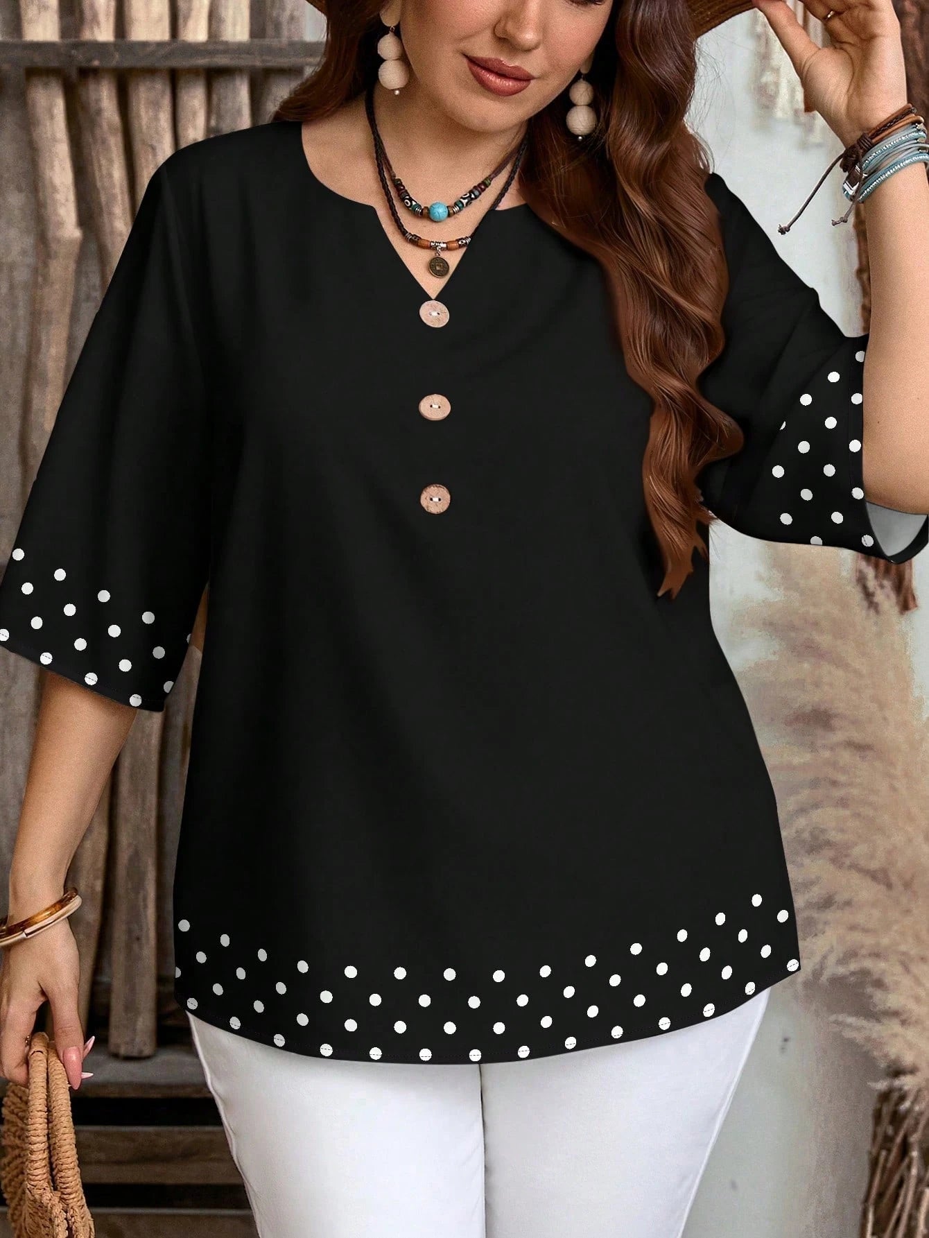 LUNE Retro Polka Dot Patchwork Print Casual Loose Shirt, Suitable For Summer