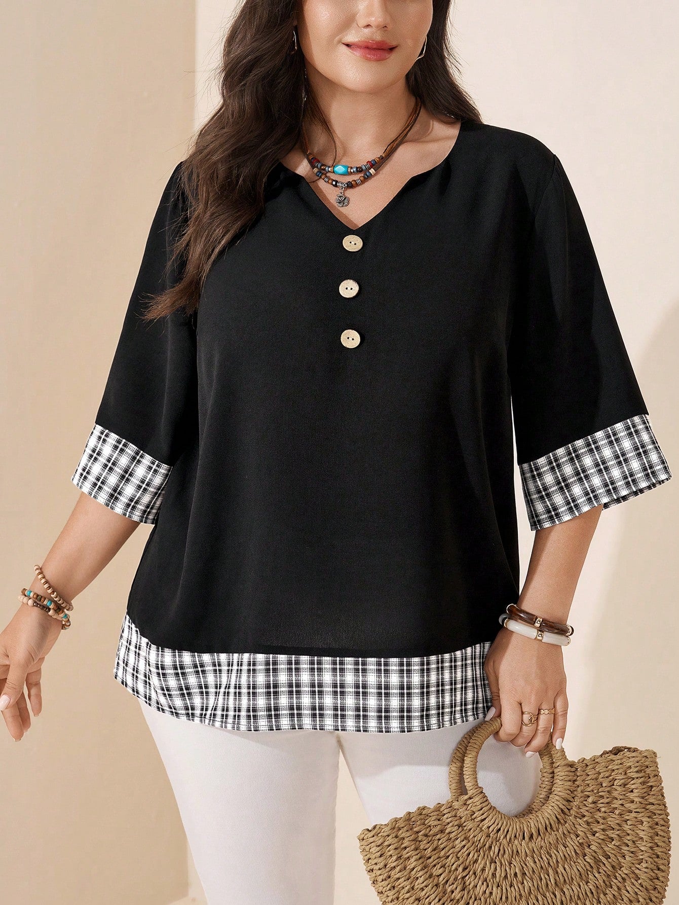 LUNE Retro Polka Dot Patchwork Print Casual Loose Shirt, Suitable For Summer