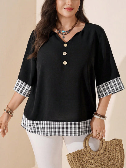 LUNE Retro Polka Dot Patchwork Print Casual Loose Shirt, Suitable For Summer