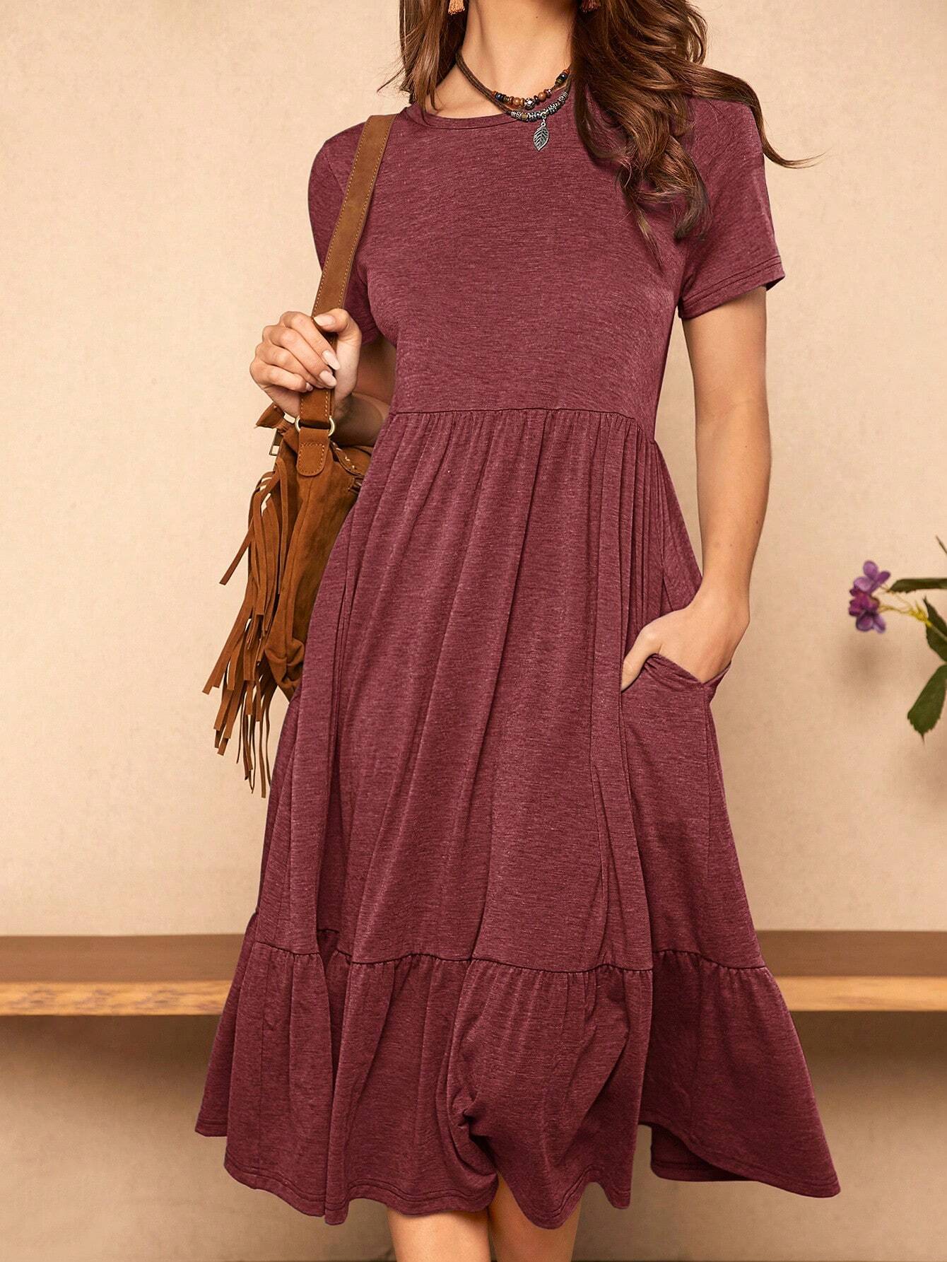 LUNE Solid Ruffle Hem Hidden Pocket Dress,Casual