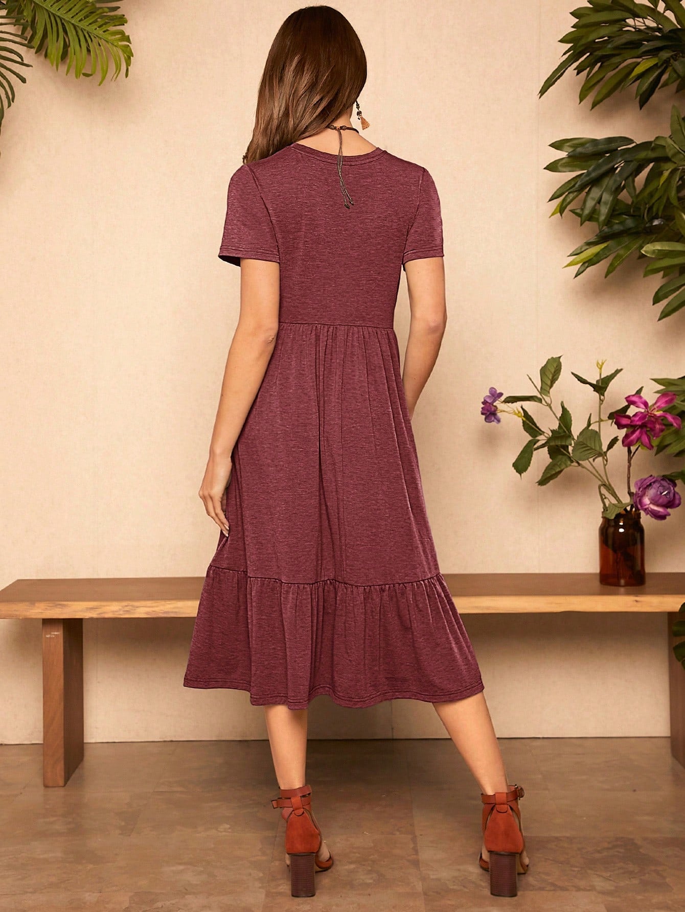 LUNE Solid Ruffle Hem Hidden Pocket Dress,Casual