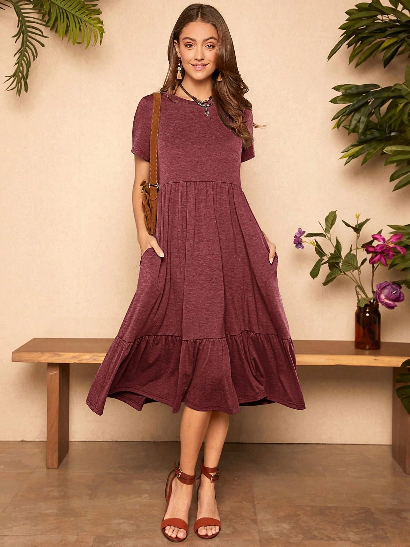 LUNE Solid Ruffle Hem Hidden Pocket Dress,Casual