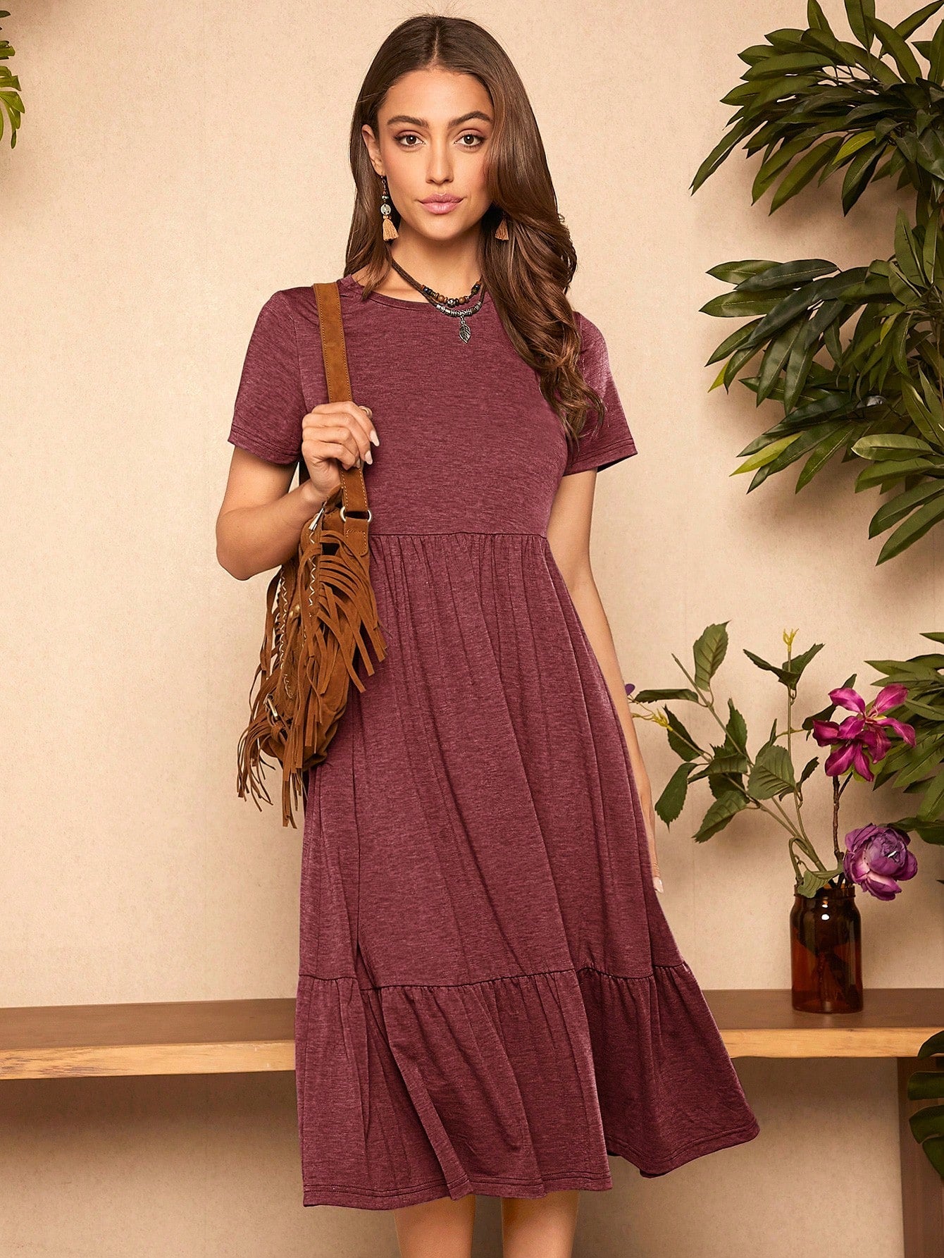 LUNE Solid Ruffle Hem Hidden Pocket Dress,Casual