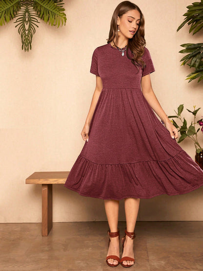 LUNE Solid Ruffle Hem Hidden Pocket Dress,Casual