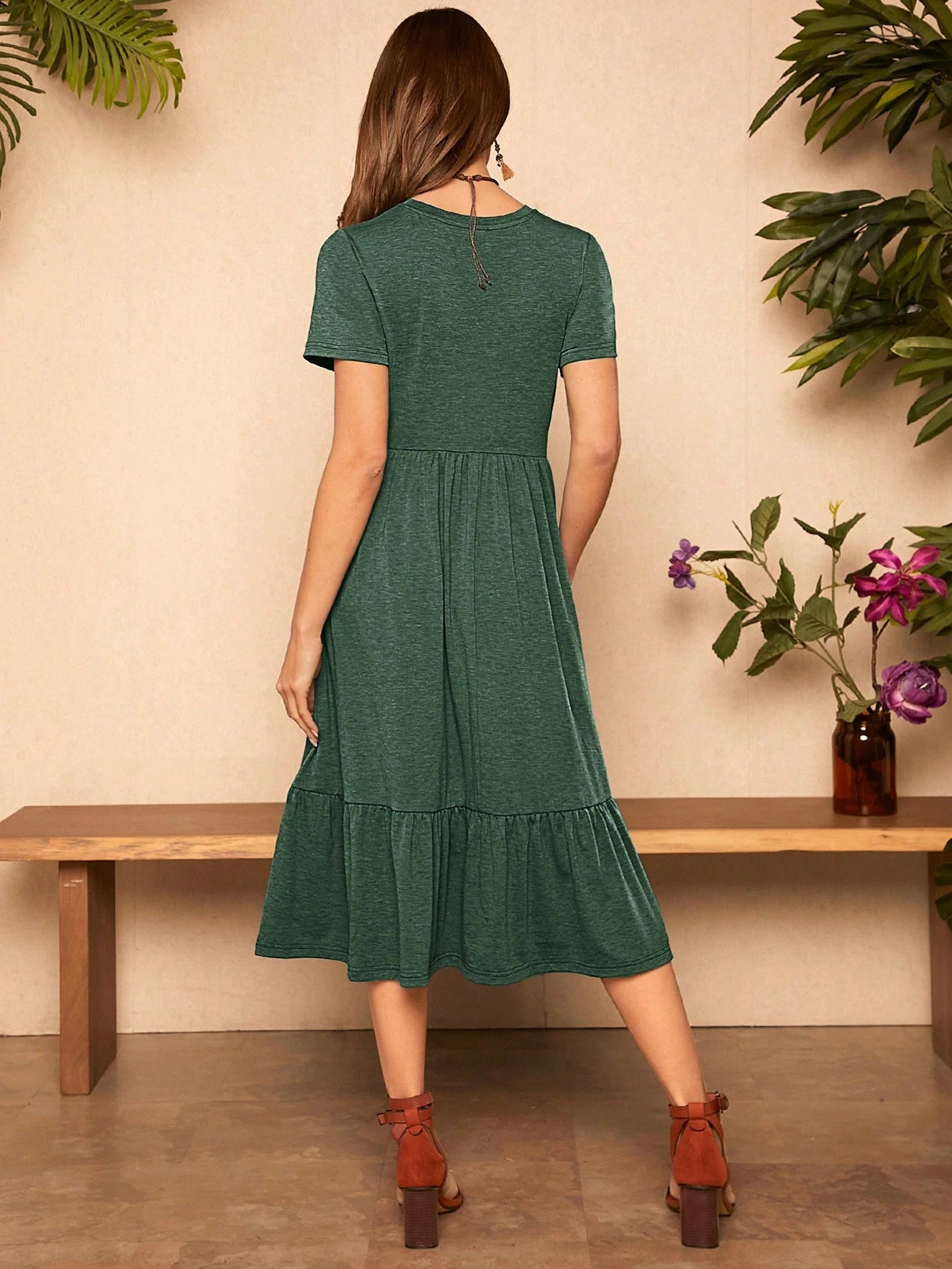 LUNE Solid Ruffle Hem Hidden Pocket Dress,Casual