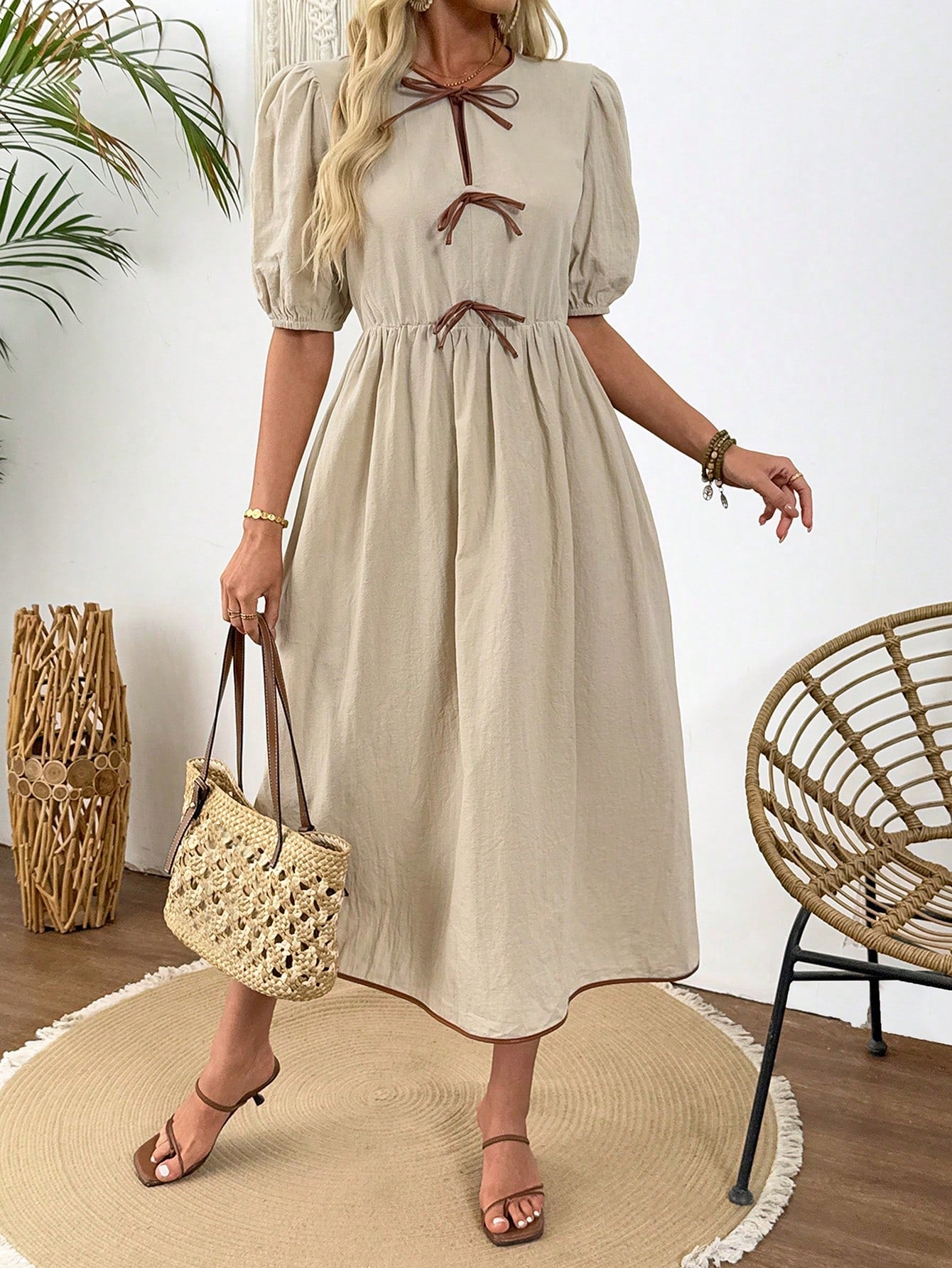 LUNE Summer Elegant French Cute Formal Bodycon Midi Dress For Women, Waist Cinching Slimming, Bow Decor,Casual Picnic Party Brown