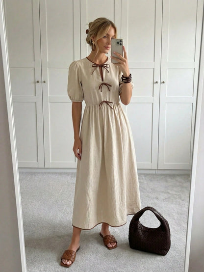 LUNE Summer Elegant French Cute Formal Bodycon Midi Dress For Women, Waist Cinching Slimming, Bow Decor,Casual Picnic Party Brown