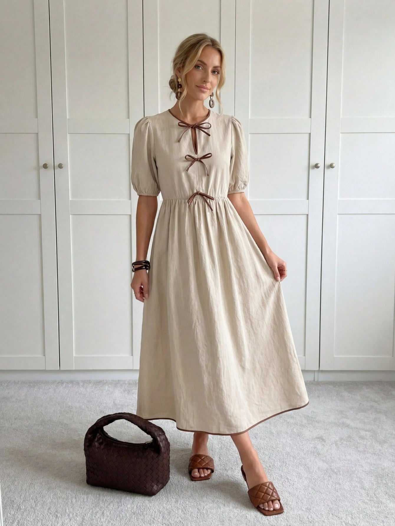 LUNE Summer Elegant French Cute Formal Bodycon Midi Dress For Women, Waist Cinching Slimming, Bow Decor,Casual Picnic Party Brown