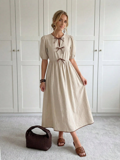 LUNE Summer Elegant French Cute Formal Bodycon Midi Dress For Women, Waist Cinching Slimming, Bow Decor,Casual Picnic Party Brown