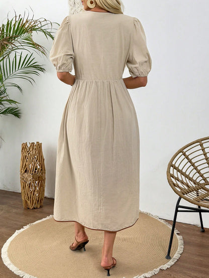 LUNE Summer Elegant French Cute Formal Bodycon Midi Dress For Women, Waist Cinching Slimming, Bow Decor,Casual Picnic Party Brown