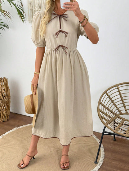 LUNE Summer Elegant French Cute Formal Bodycon Midi Dress For Women, Waist Cinching Slimming, Bow Decor,Casual Picnic Party Brown
