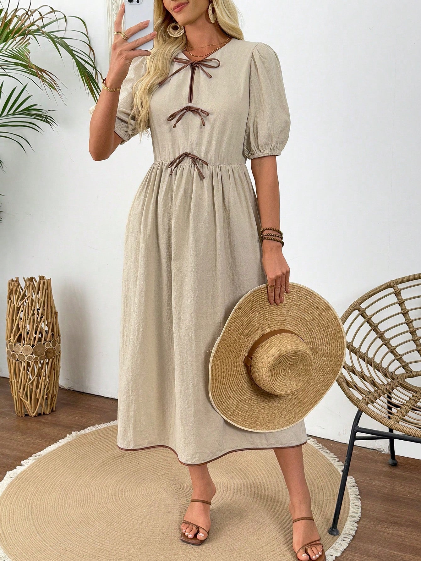 LUNE Summer Elegant French Cute Formal Bodycon Midi Dress For Women, Waist Cinching Slimming, Bow Decor,Casual Picnic Party Brown