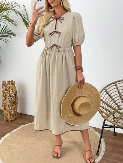 LUNE Summer Elegant French Cute Formal Bodycon Midi Dress For Women, Waist Cinching Slimming, Bow Decor,Casual Picnic Party Brown