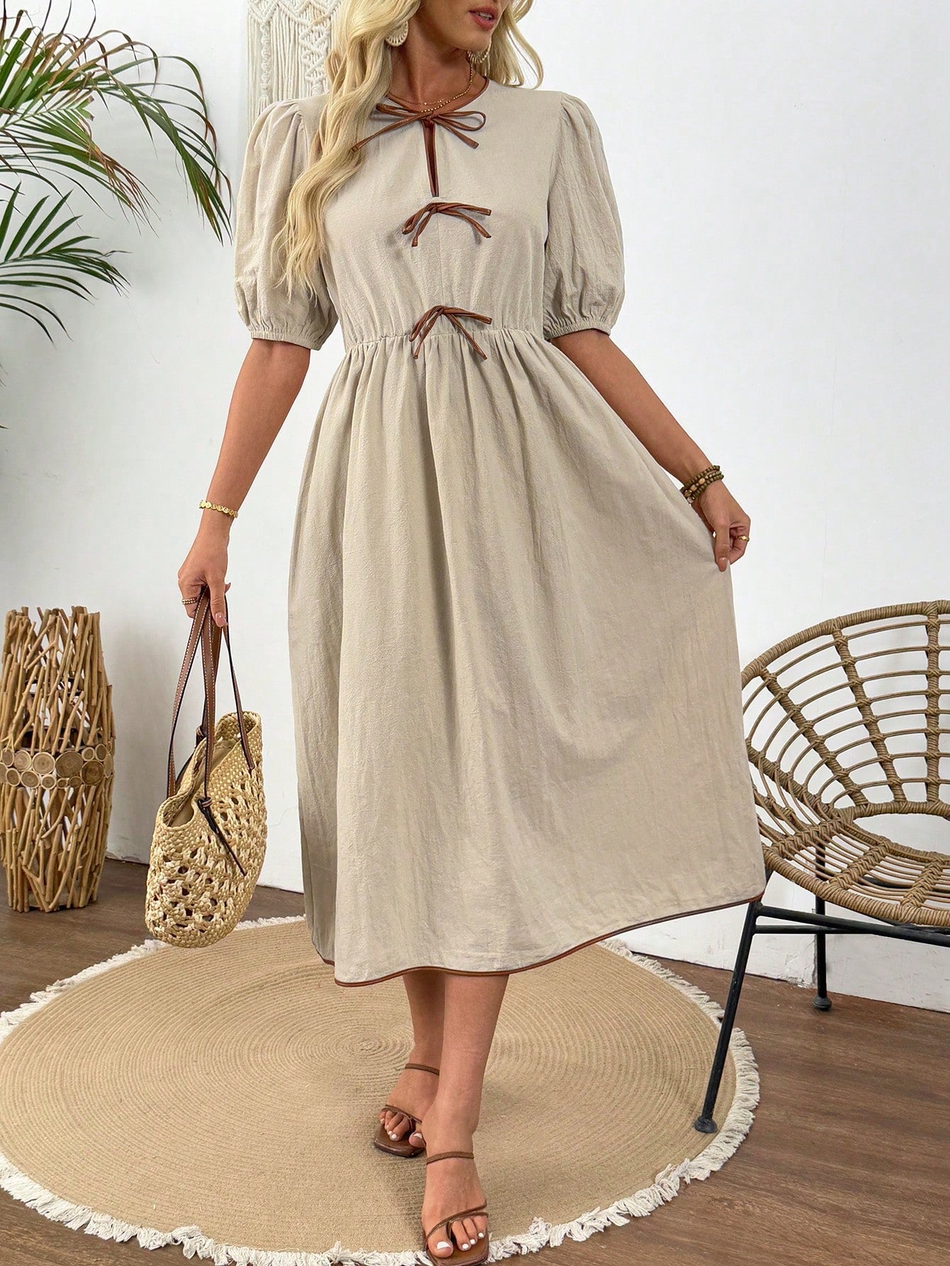 LUNE Summer Elegant French Cute Formal Bodycon Midi Dress For Women, Waist Cinching Slimming, Bow Decor,Casual Picnic Party Brown