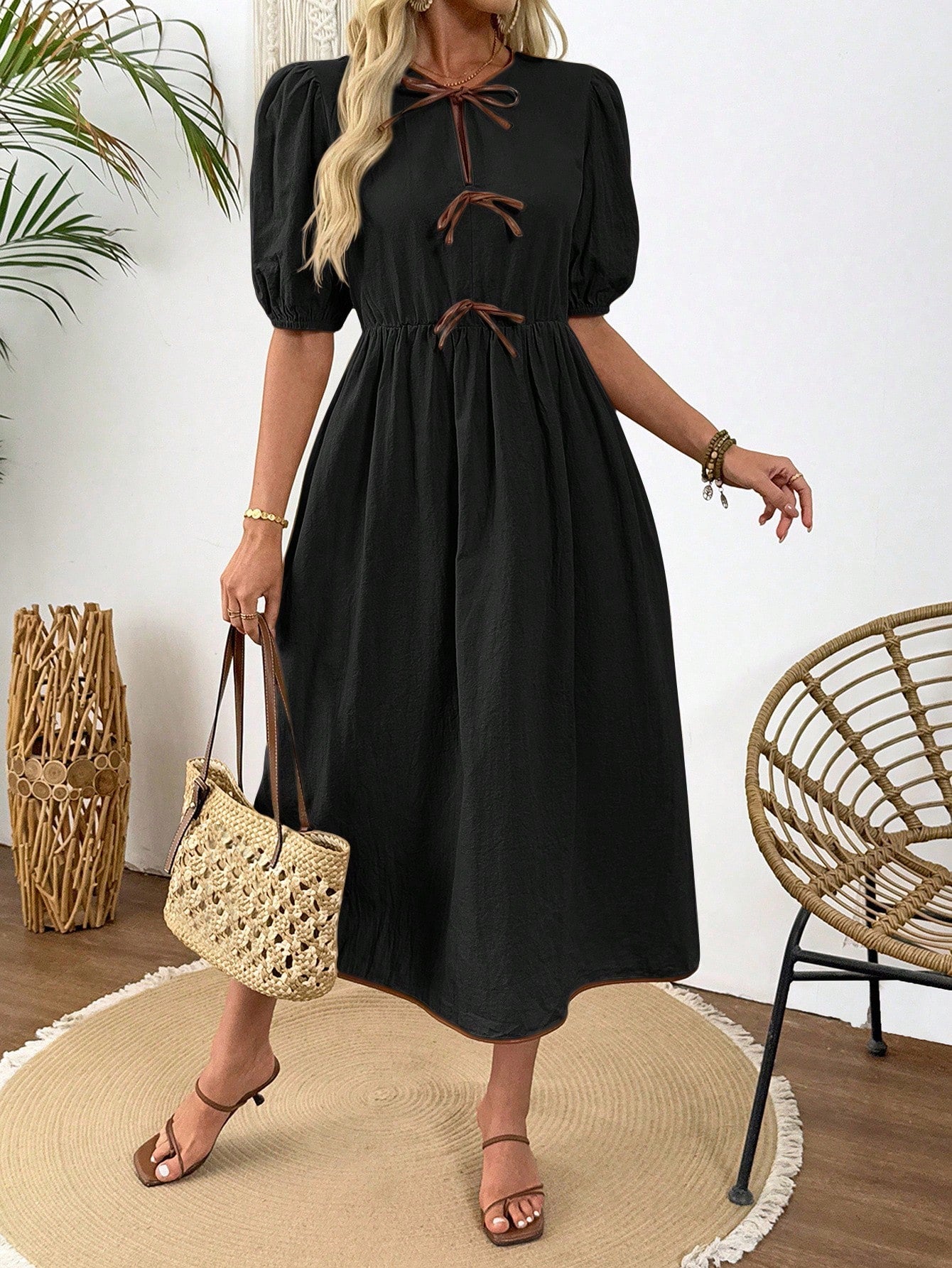 LUNE Summer Elegant French Cute Formal Bodycon Midi Dress For Women, Waist Cinching Slimming, Bow Decor,Casual Picnic Party Brown