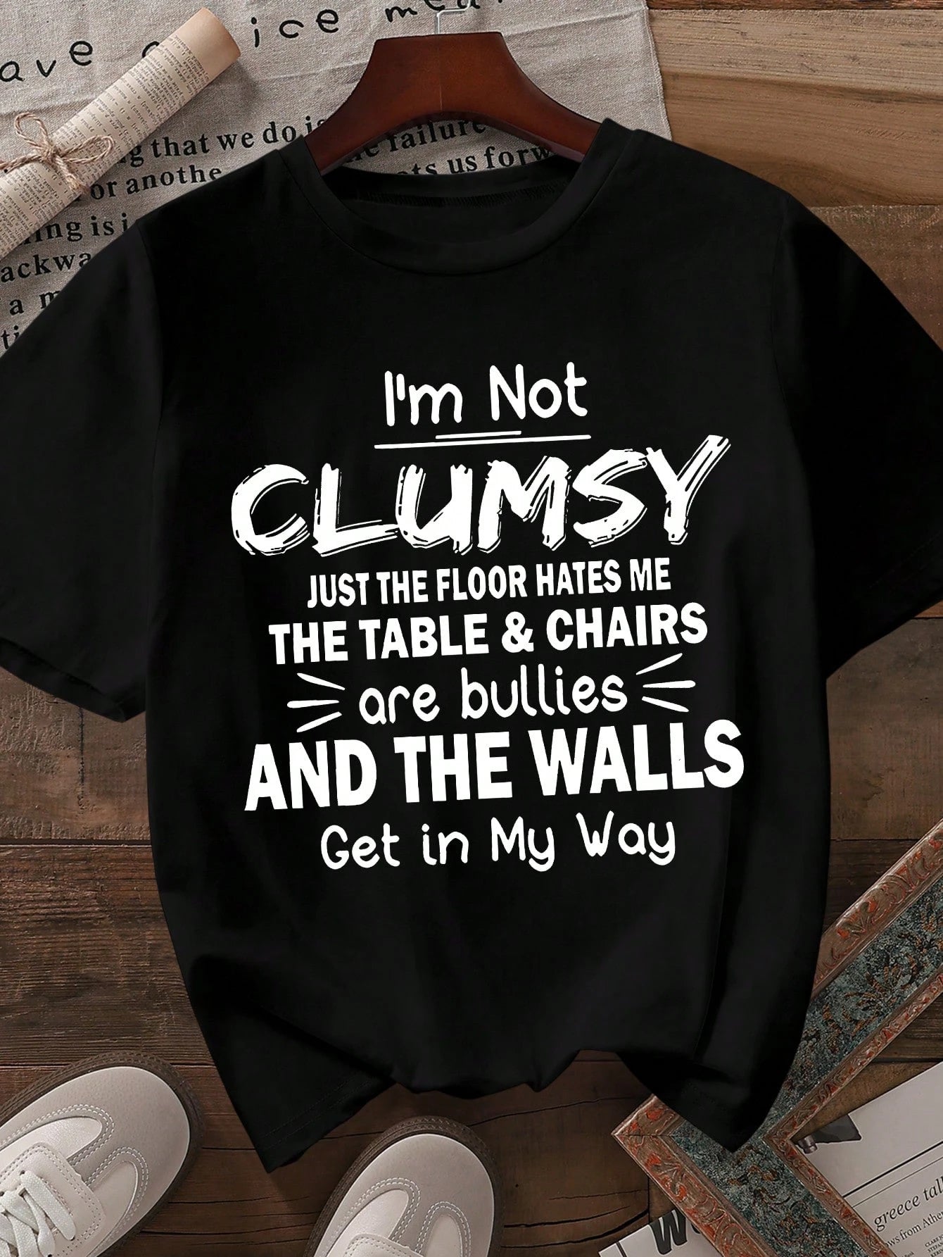 LUNE Women Plus Size T-Shirt,Black And White Summer Casual Everyday Graphic Tee I'm Not CLUMSY JUST THE FLOOR HATES ME THE TABLE & CHAIRS Are Bullies