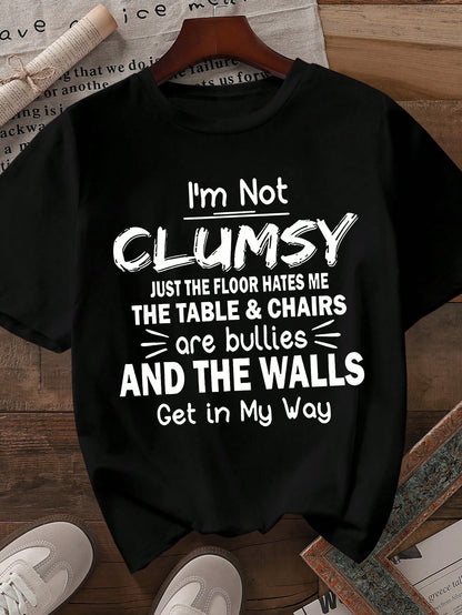 LUNE Women Plus Size T-Shirt,Black And White Summer Casual Everyday Graphic Tee I'm Not CLUMSY JUST THE FLOOR HATES ME THE TABLE & CHAIRS Are Bullies