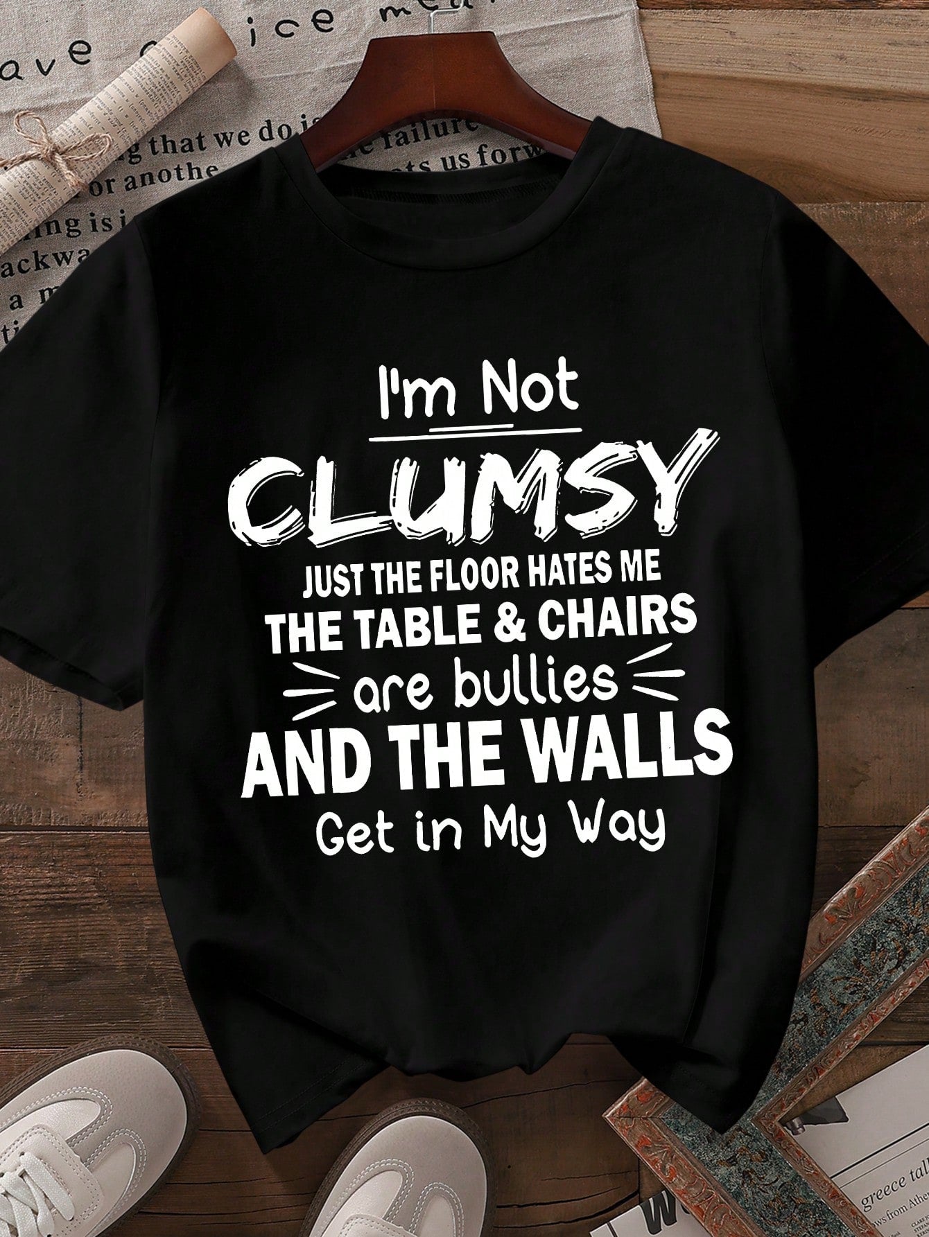 LUNE Women Plus Size T-Shirt,Black And White Summer Casual Everyday Graphic Tee I'm Not CLUMSY JUST THE FLOOR HATES ME THE TABLE & CHAIRS Are Bullies