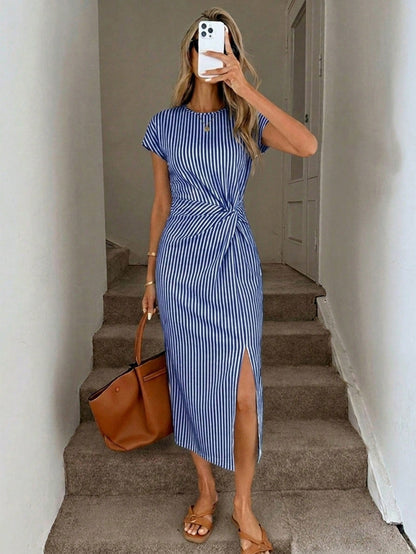 LUNE Women's Blue And White Stripe Summer Casual Brunch Dress,Elegant Printed Twist Waist High Slit Sleeveless Midi Bodycon Wedding Guest Office Attire