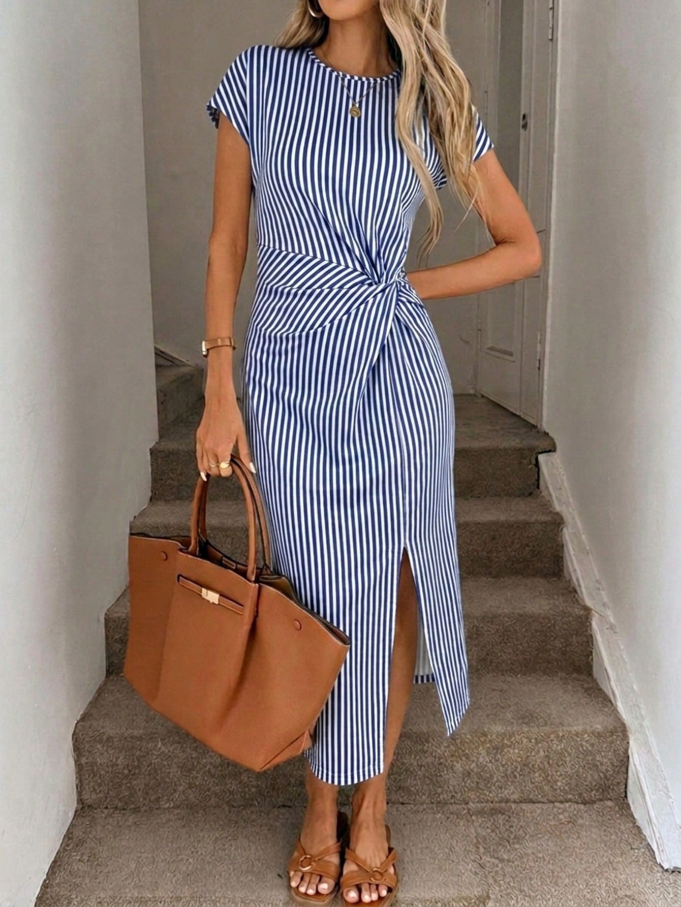 LUNE Women's Blue And White Stripe Summer Casual Brunch Dress,Elegant Printed Twist Waist High Slit Sleeveless Midi Bodycon Wedding Guest Office Attire