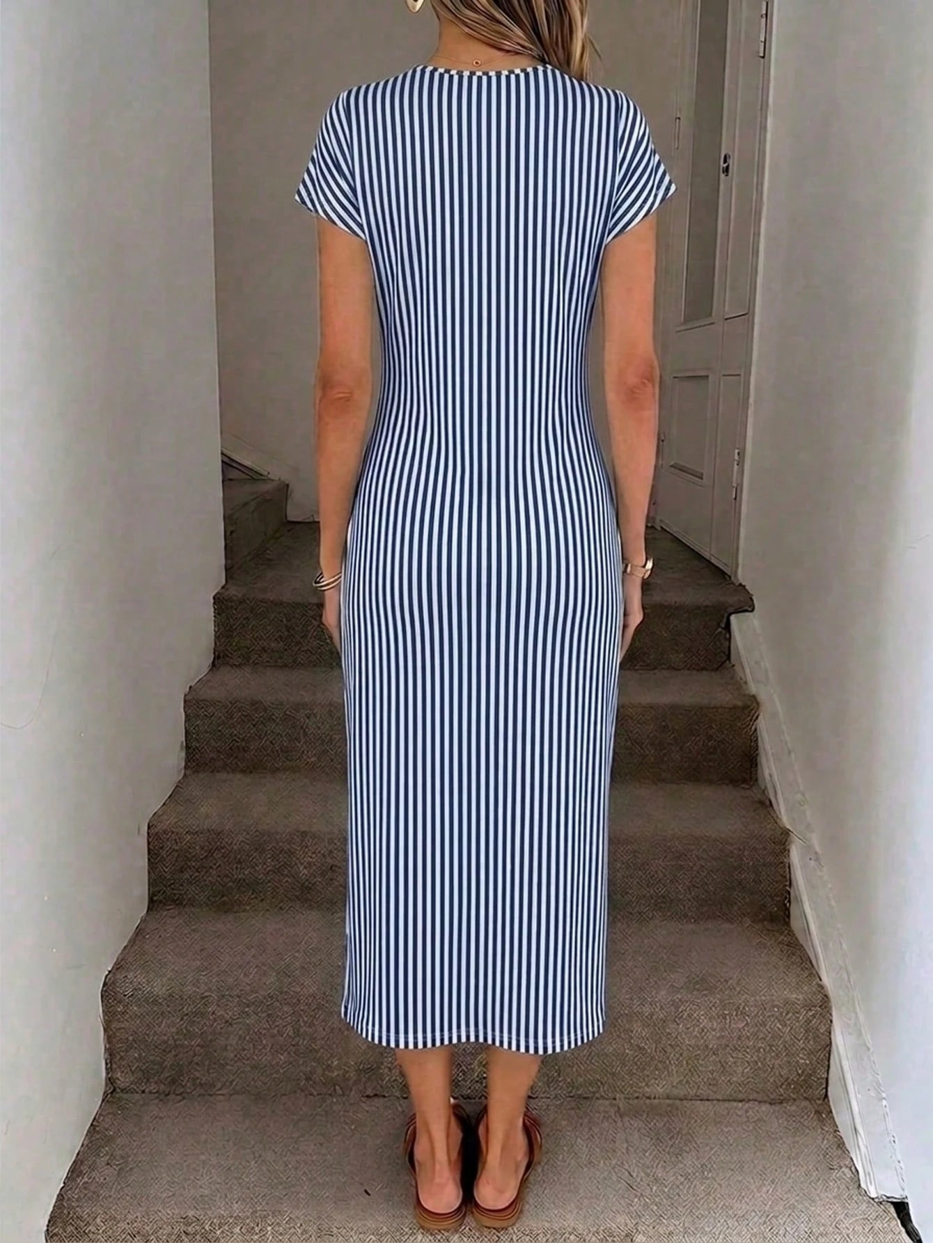 LUNE Women's Blue And White Stripe Summer Casual Brunch Dress,Elegant Printed Twist Waist High Slit Sleeveless Midi Bodycon Wedding Guest Office Attire